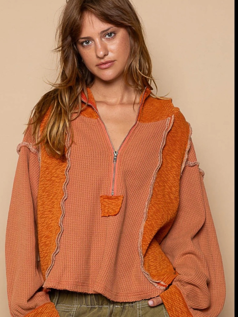 POL Stevie Half Zip Hoodie Size Small Orange Thermal Waffle Knit Raw Edge